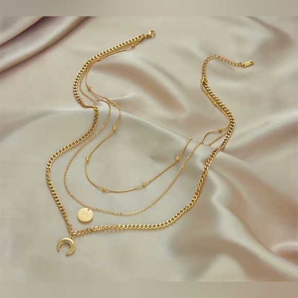 NWT Stainless Steel Geometry Star Moon Pendant Multi Layer Necklace - Picture 4 of 5